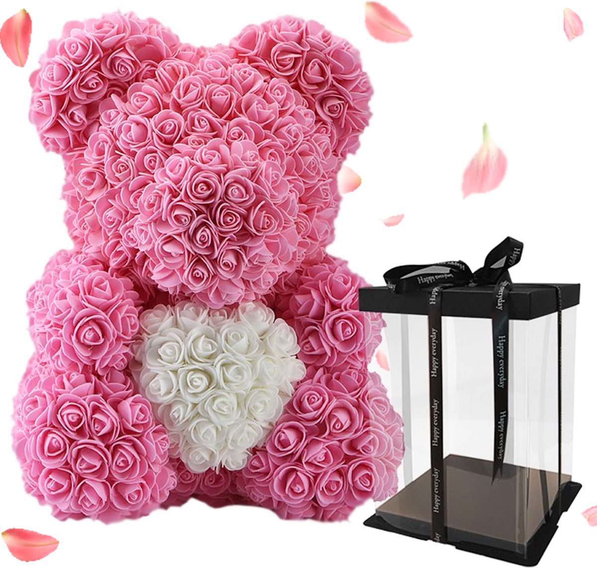 Rozenbeer Roze met Wit Hart + Luxury Giftbox 30 cm - Rozen beer Valentijn teddybeer rose bear cadeau gift box geliefde vriendin | knuffel roos beertje Valentijnsdag kado knuffelbeer hartje i love you ik hou van jou hartjes